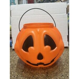 Vintage Halloween General Foam Pumpkin Orange Plastic Candy Bucket Blow Mold USA